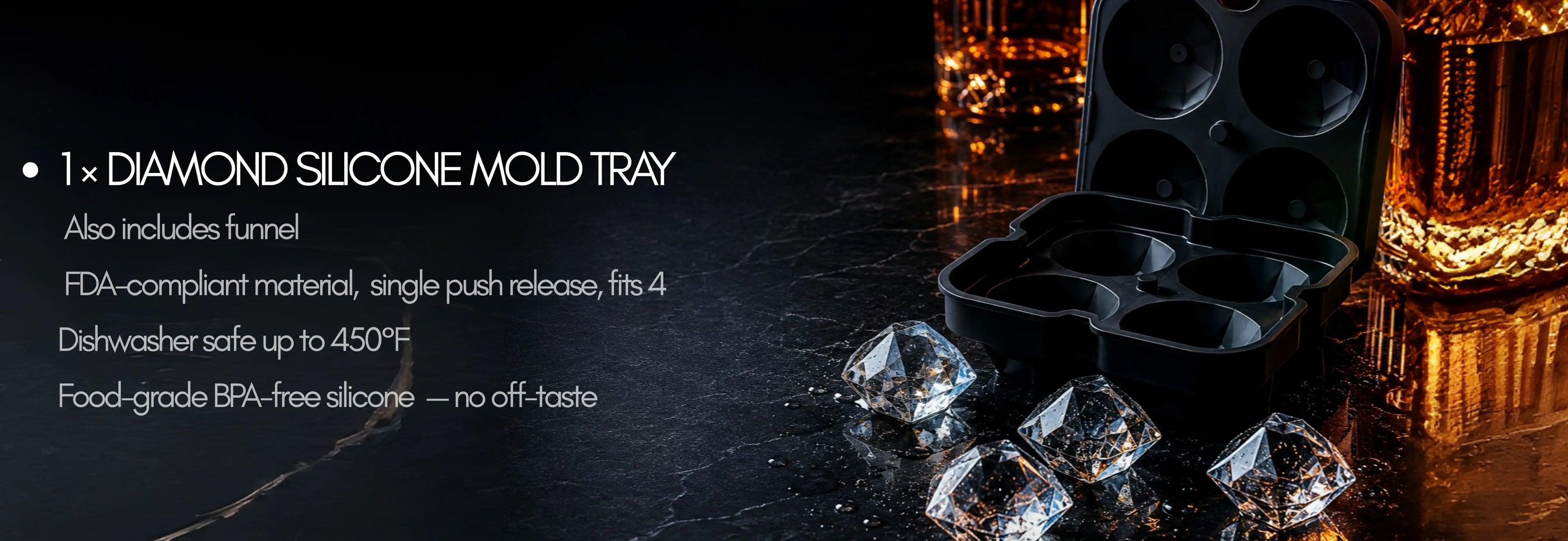 Diamond silicone mold tray with ice cubes on a dark surface with a glass of whiskey in the background.